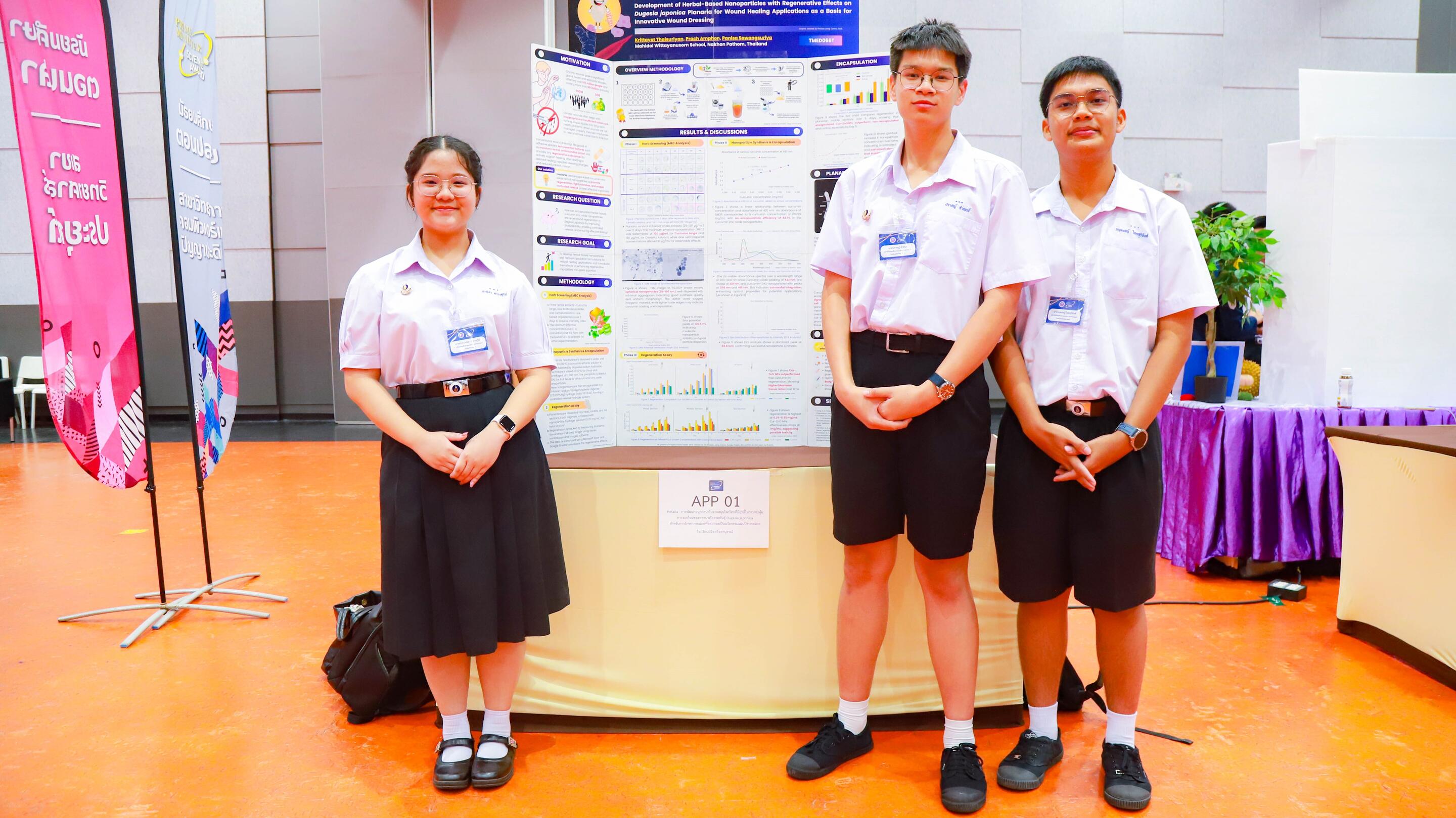 The winning students from the Mahidol Wittayanusorn School standing in front of their presentation posters.