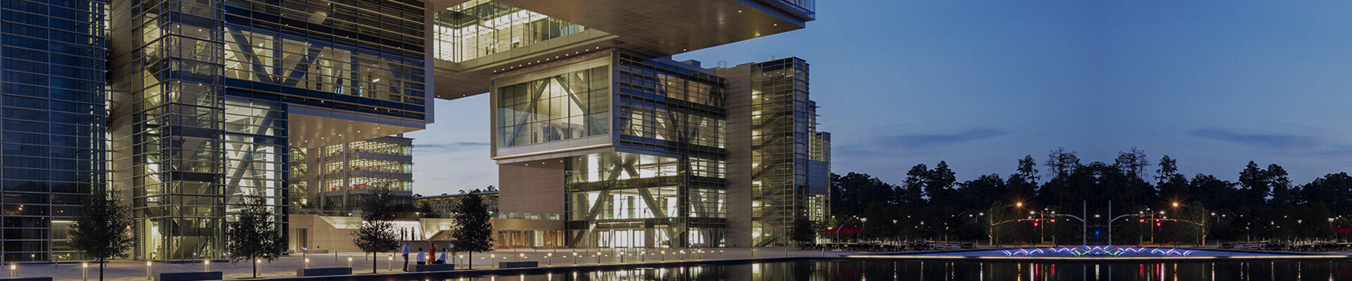Houston campus Energy Center cube in the evening
