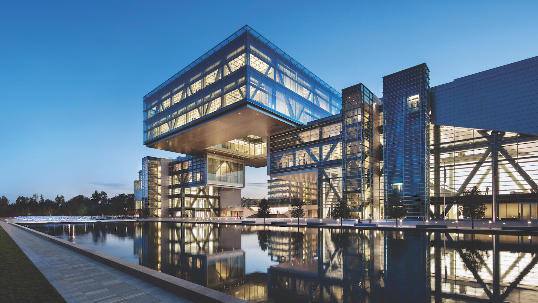 ExxonMobil's Houston campus' The Cube at dusk