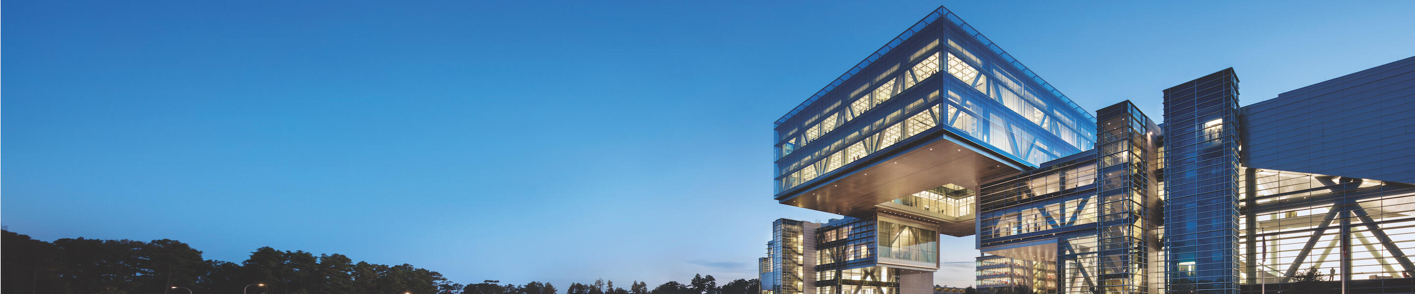 ExxonMobil's Houston campus' The Cube at dusk
