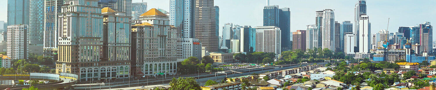 vibrant cityscape with a mix of modern skyscrapers and traditional residential buildings and lush greenery in the foreground