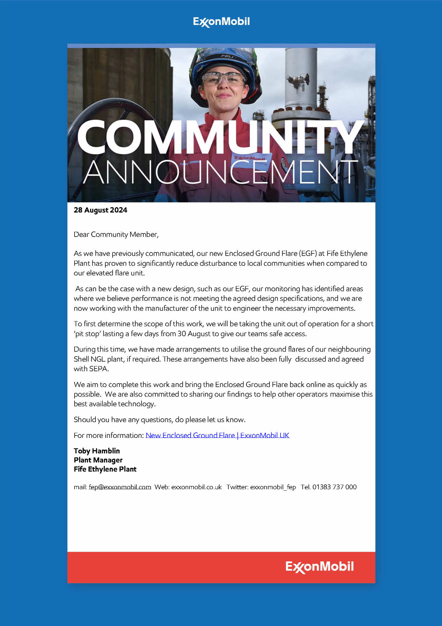 Fife Ethylene Plant Community Message 28 August 2024